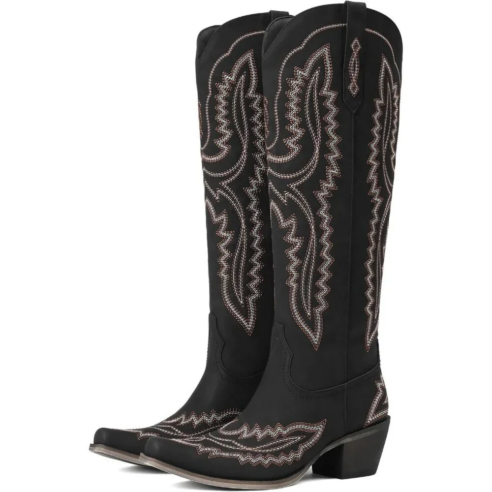 Women Black Knee High Western Boots With Classic Embroidered Chunky Heel
